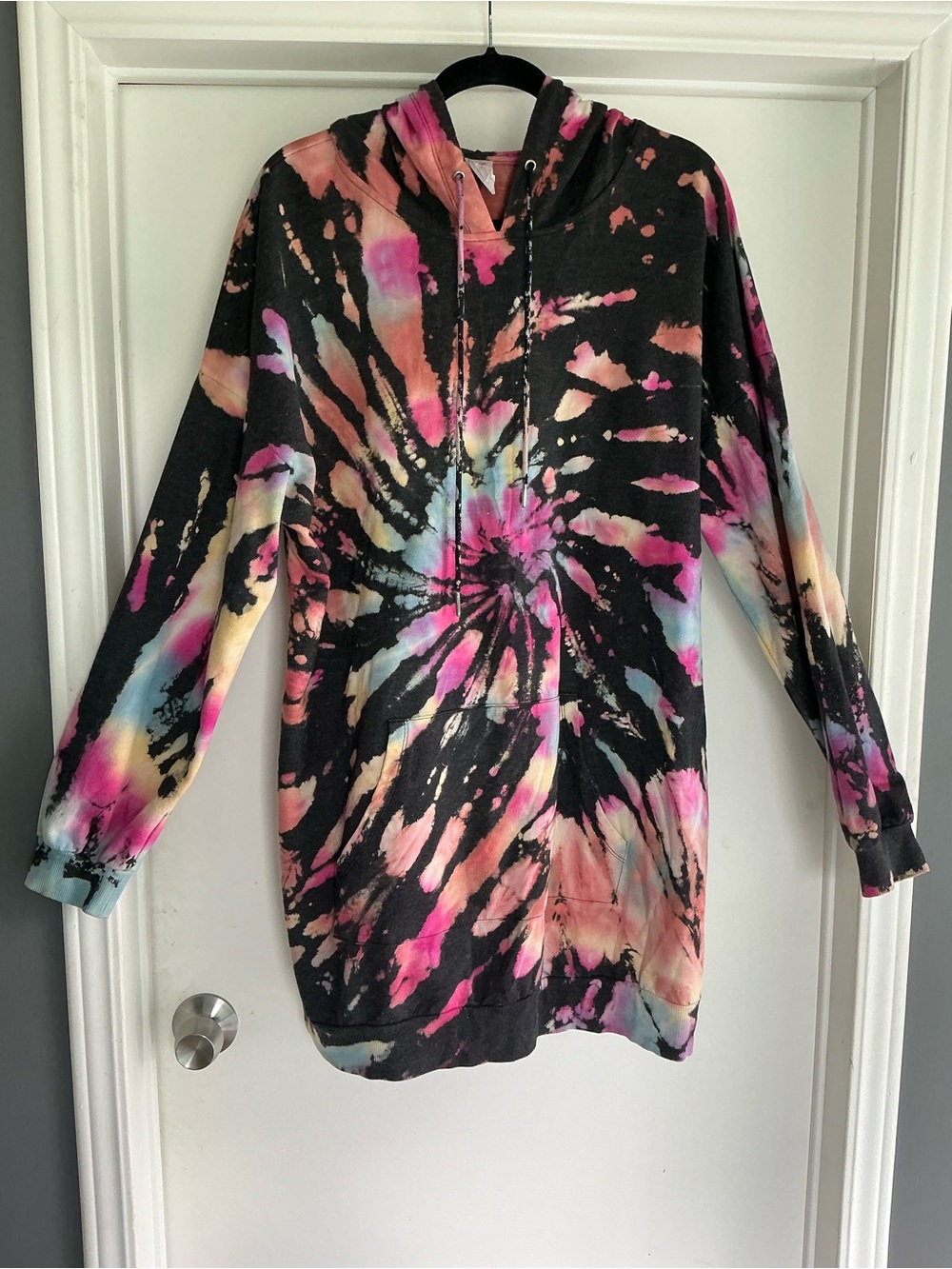 Ladies Plus  Size3X Tie-Dye Black Hooded Sweatshirt Tunic/Dress Multicolor